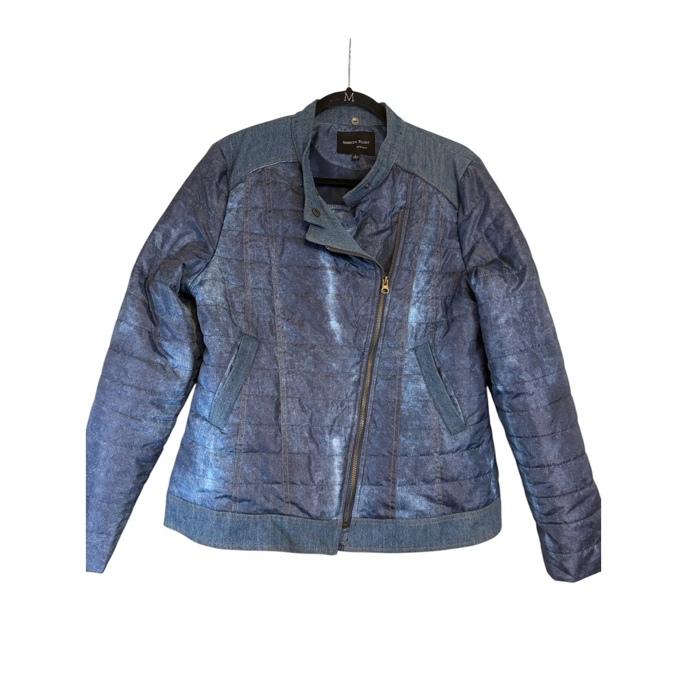 Rebecca Elliot Blue Metallic Quilted Moto Puffer Jacket Women Large Denim Look
